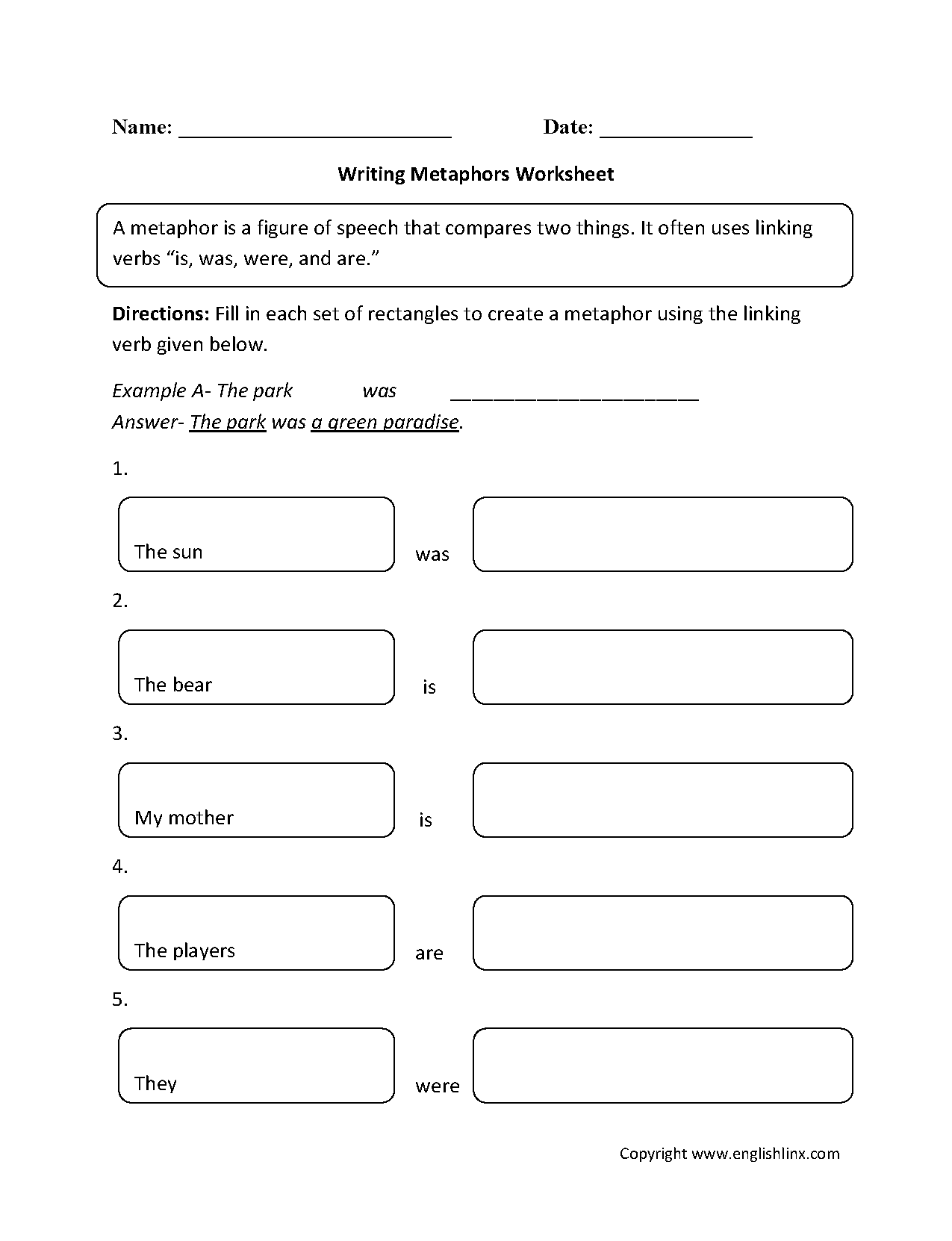 writing metaphors worksheet