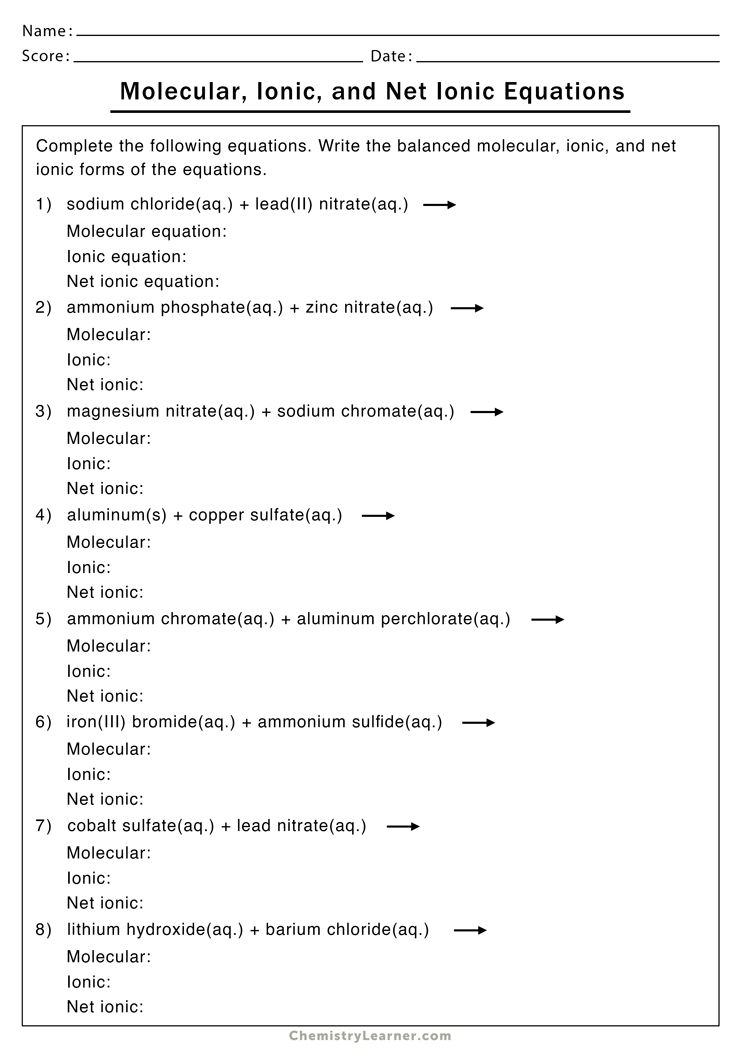 Net Ionic Equation Worksheets - Free Printable