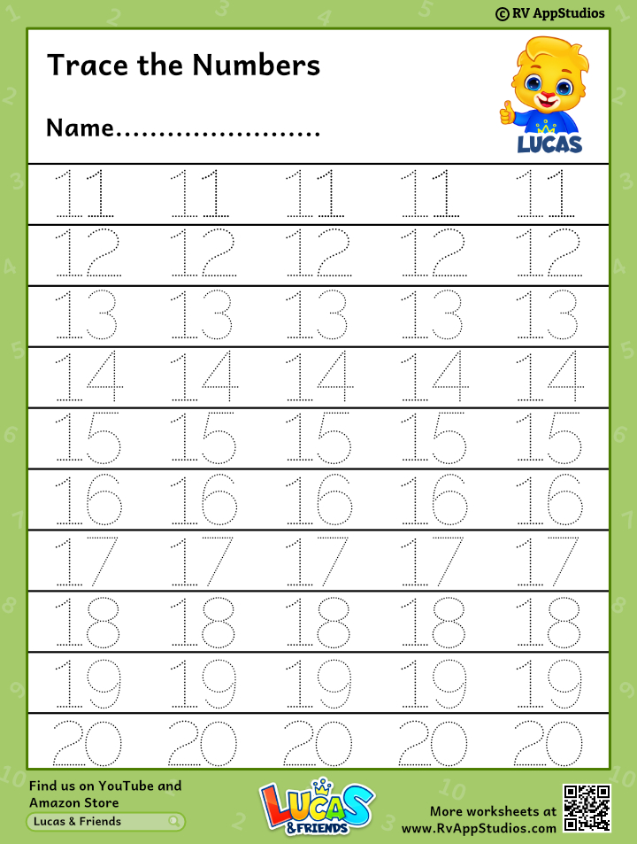 Free Trace The Numbers (11-20) Worksheets For Kids