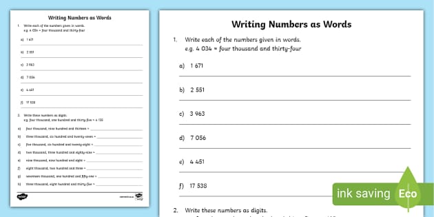 writing numbers words worksheet grade 1