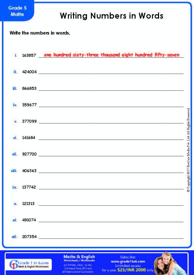 Writing Numbers In Words Worksheet Grade1to6 Worksheets Library
