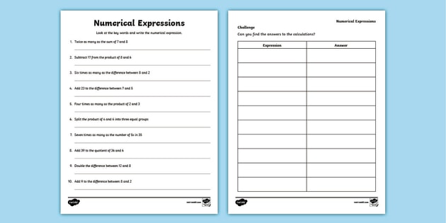 writing numerical expressions from word problems worksheet