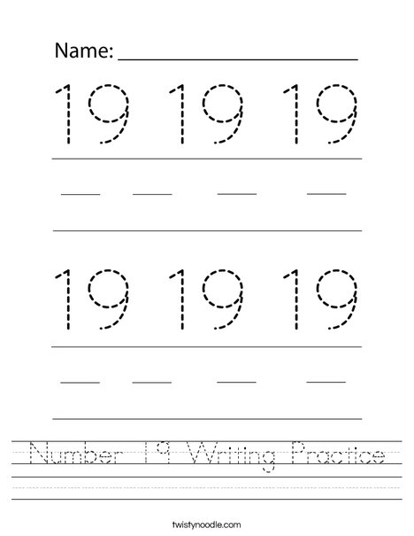 Number 19 Writing Practice Worksheet - Twisty Noodle