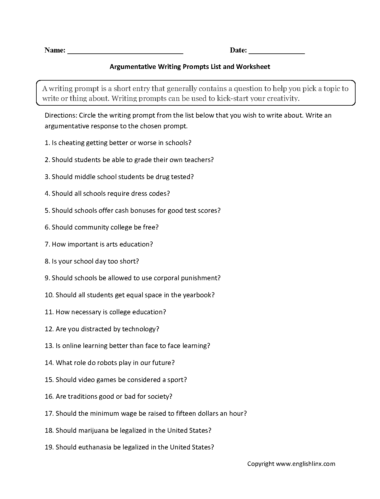 writing prompt worksheet for 6th grade