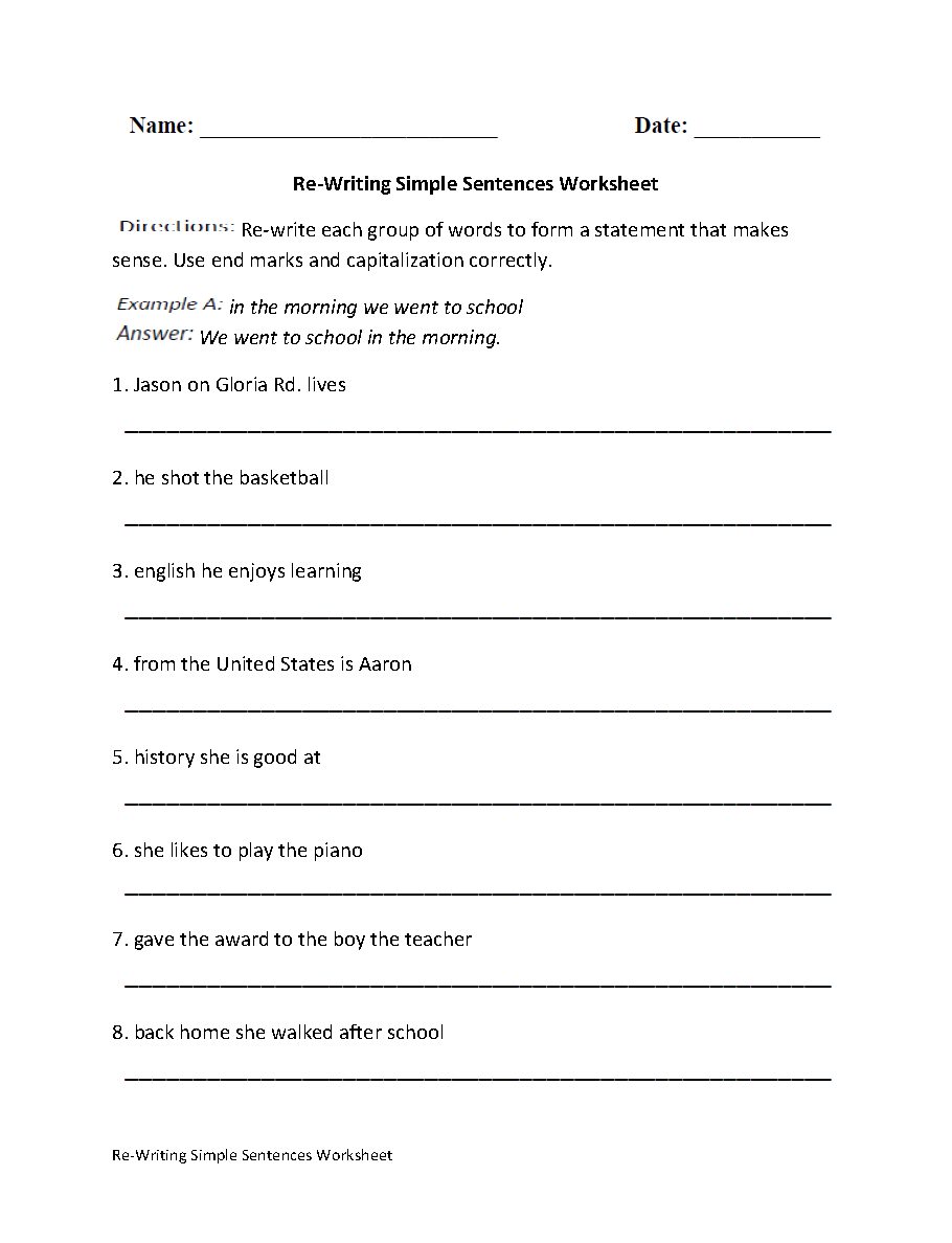 Simple Sentences Worksheets | Re-Writing Simple Sentences Worksheet