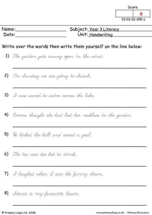Literacy: Handwriting skills 3 | Worksheet | PrimaryLeap.co.uk