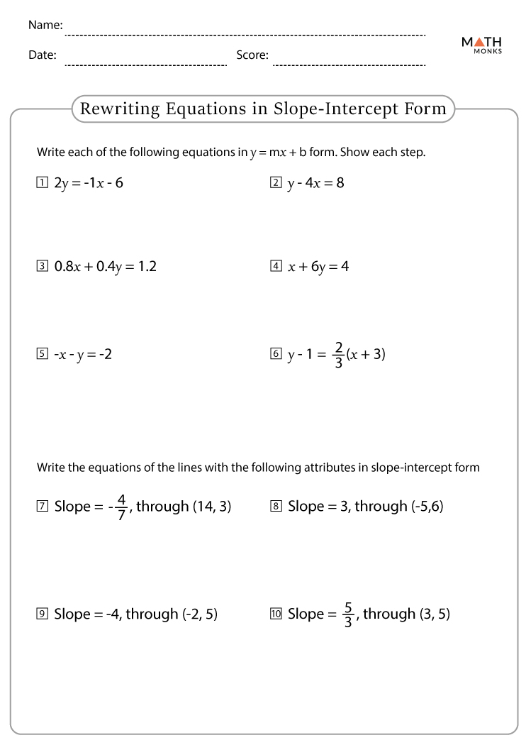Slope Intercept Form Worksheets with Answer Key
