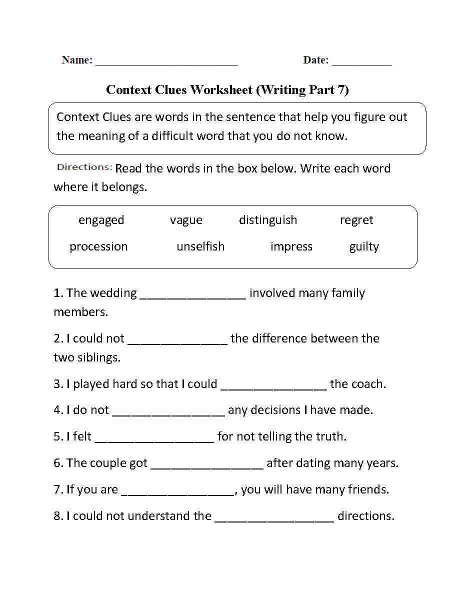 Context Clues Worksheets | Context Clues Worksheet Writing Part 7 ...