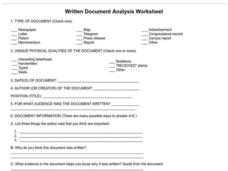 Written Document Analysis Worksheet Worksheet for 7th - 8th Grade ...