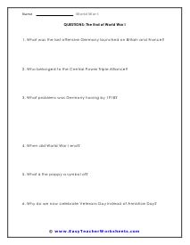 World War I Worksheets
