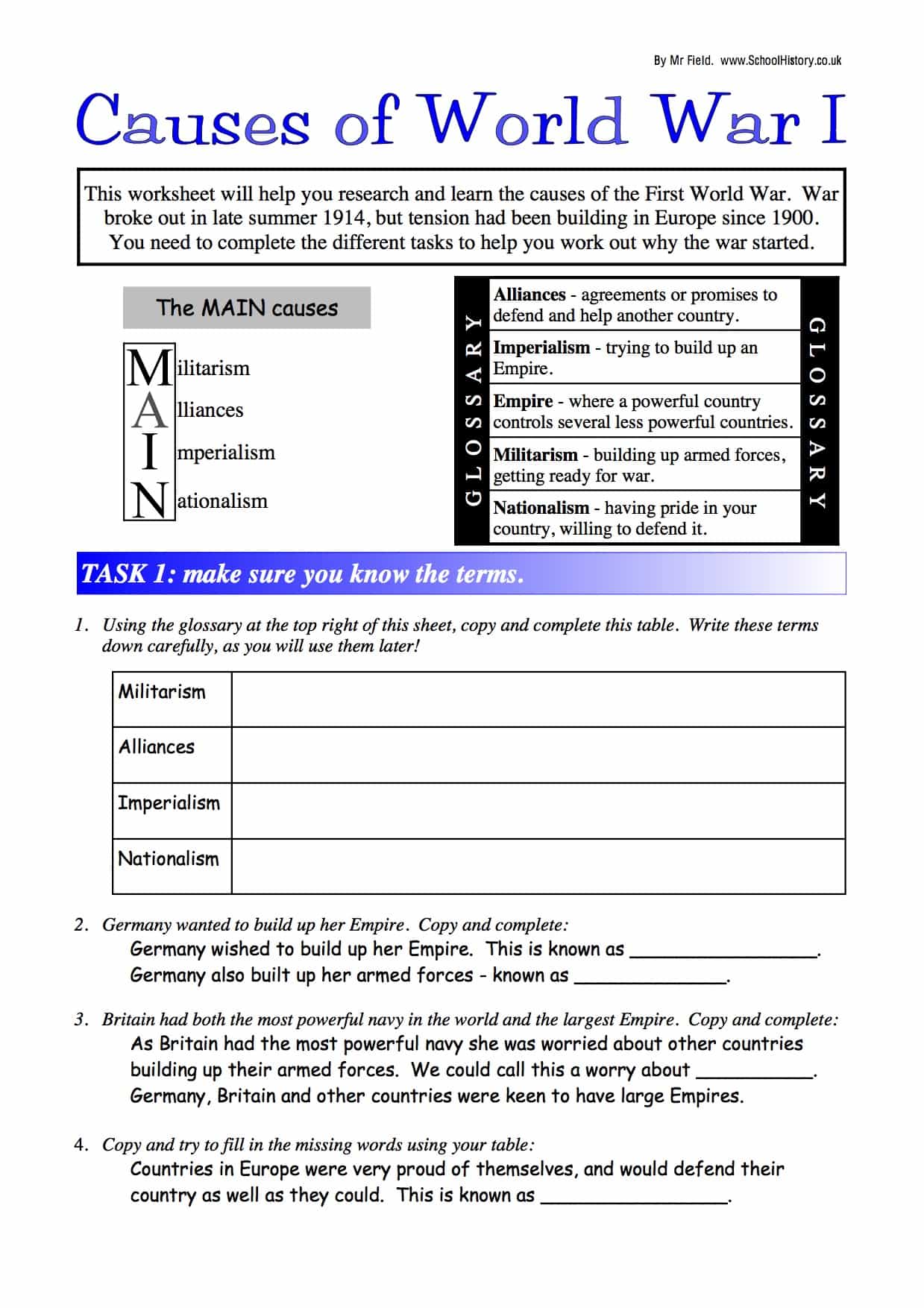 Causes of World War I (Lower Ability) Worksheet | GCSE Level