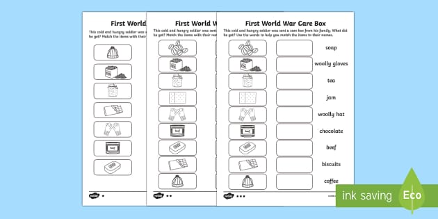 Differentiated Matching Activity on World War One Care Box Word ...