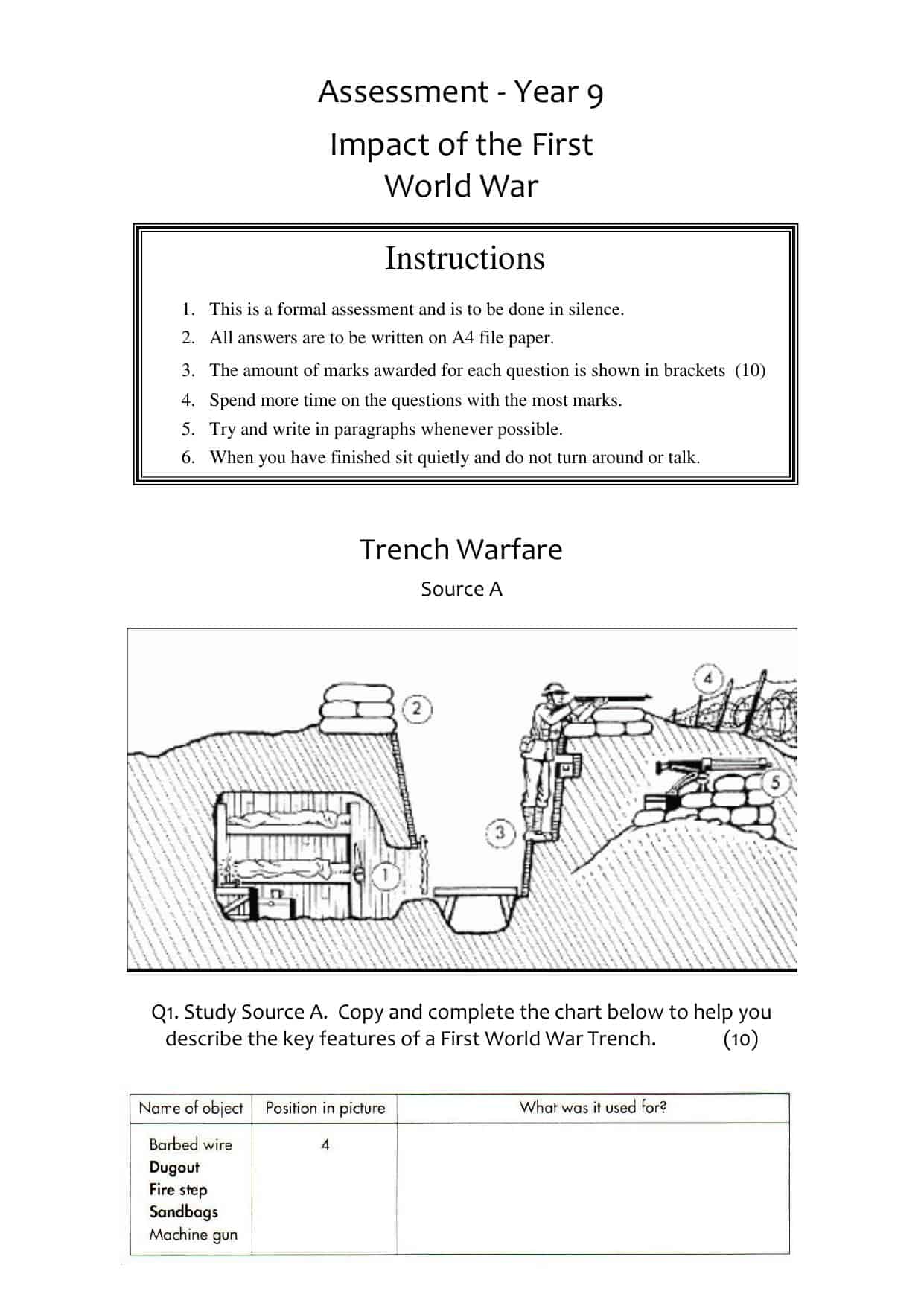 WWI Source Assessment Worksheet | Year 9 (KS3) Lesson Resource