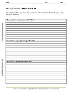 Writing Exercises: World War I, #1 Worksheet for 7th - 8th Grade ...
