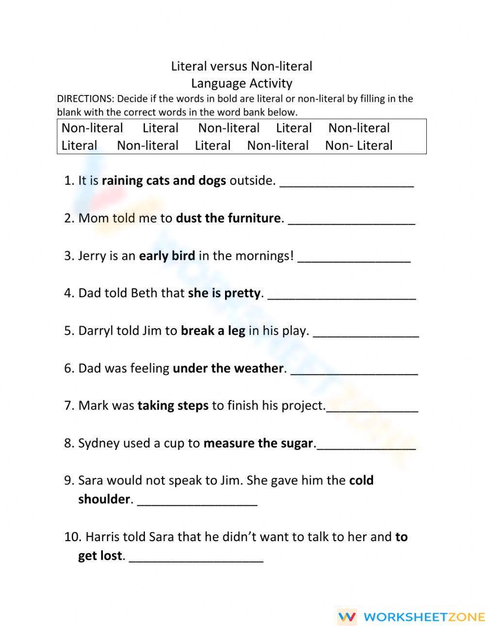 Literal Language Versus Figurative Language Worksheet