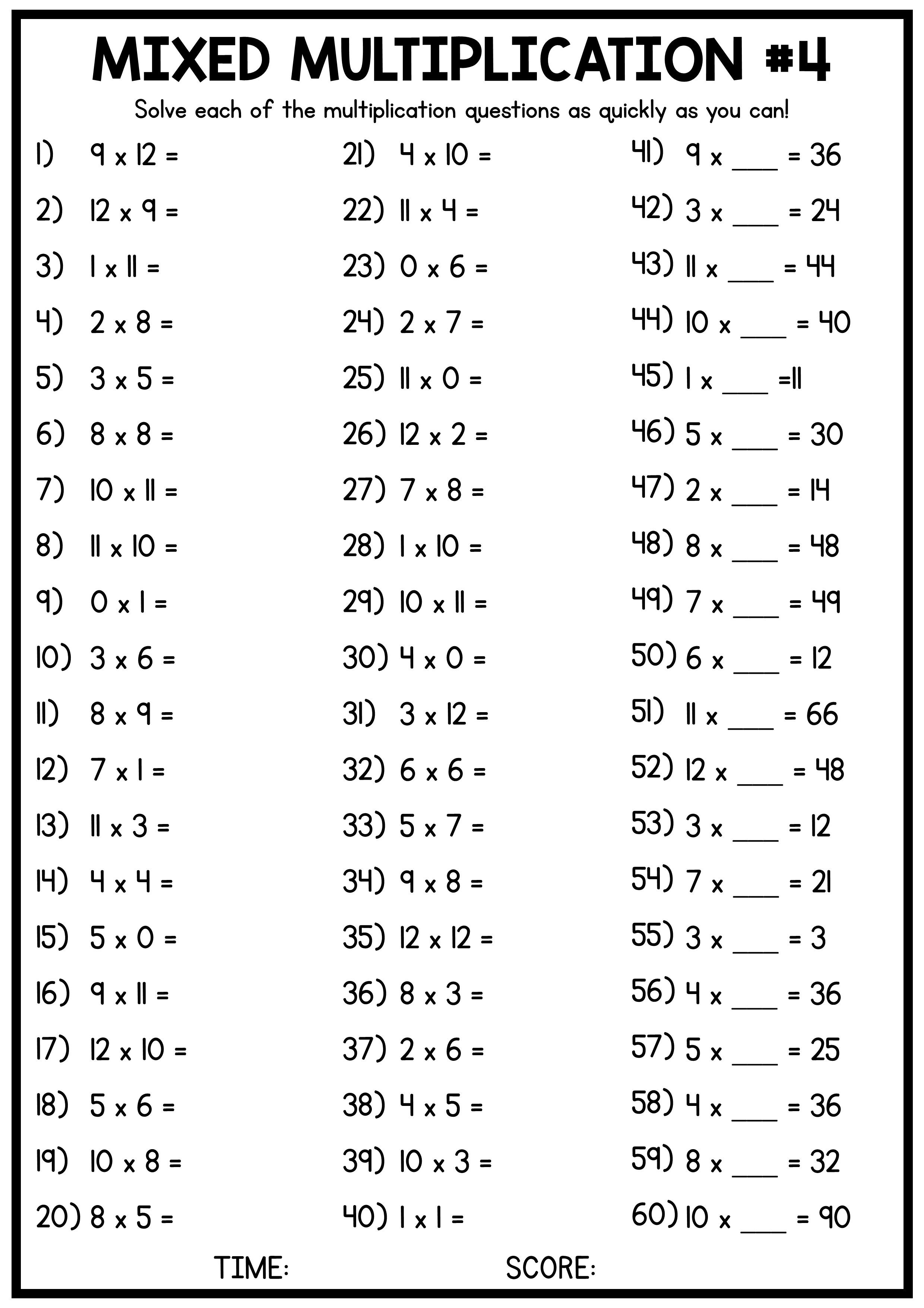 Mixed Multiplication Times Table Worksheets - Four Free Worksheets ...
