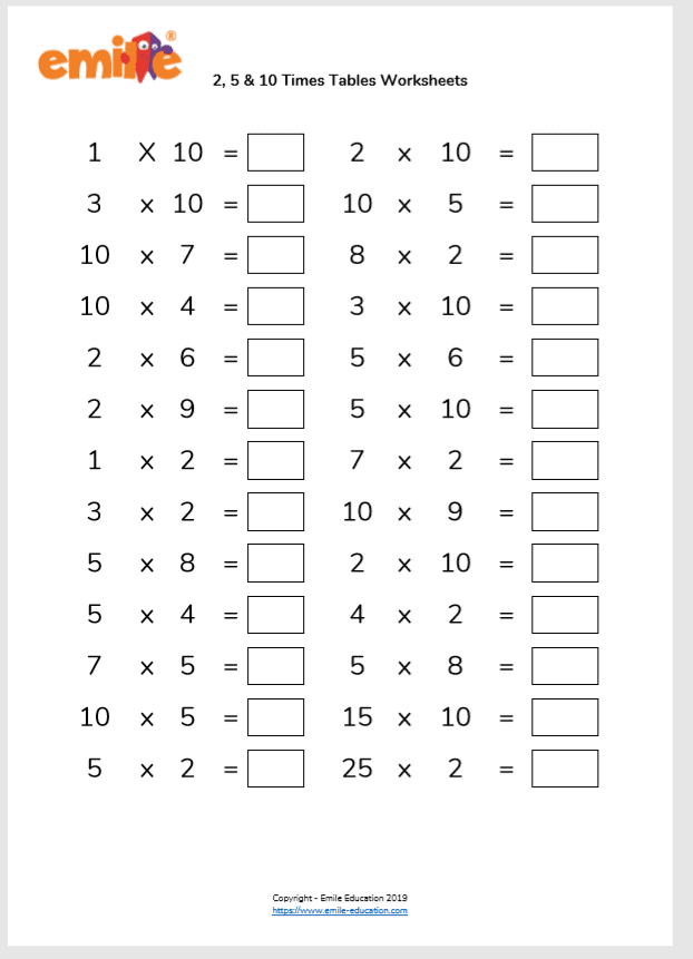 x tables worksheet