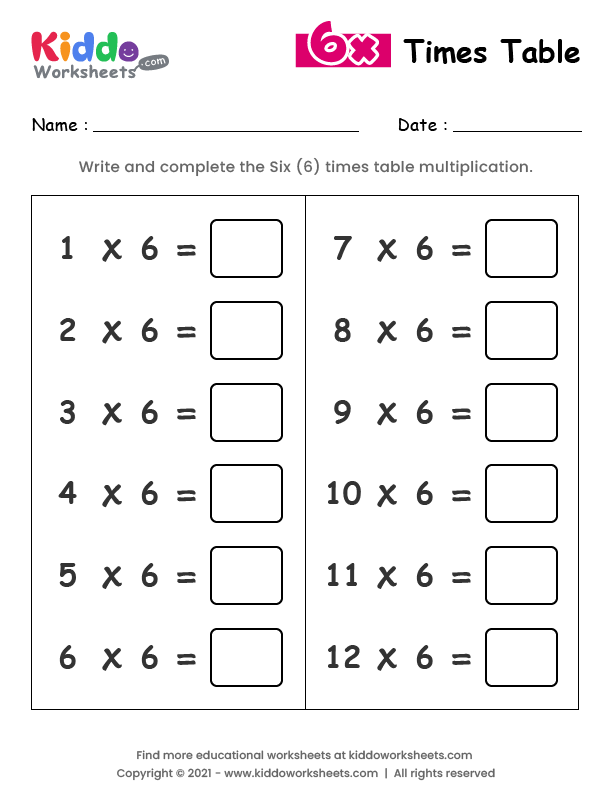 Free Printable 6 Times Table Worksheet Worksheet - kiddoworksheets
