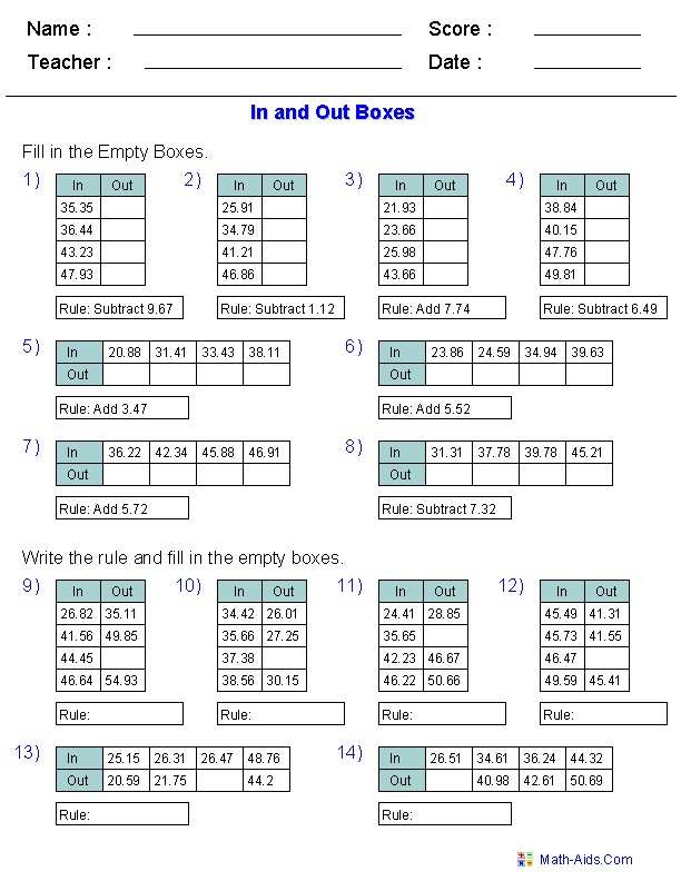 Function Table Worksheets | Function Table &  In and Out Boxes ...
