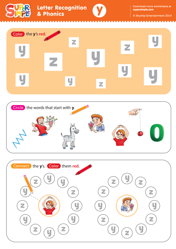 Letter Recognition &  Phonics Worksheet - y (lowercase) - Super Simple