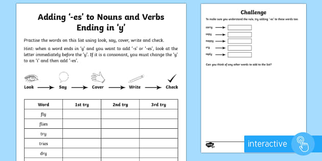 y to ies words worksheet