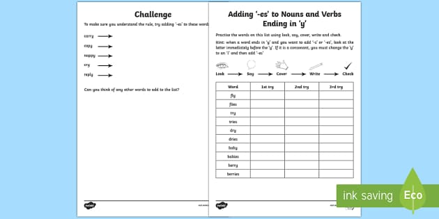 y to ies words worksheet
