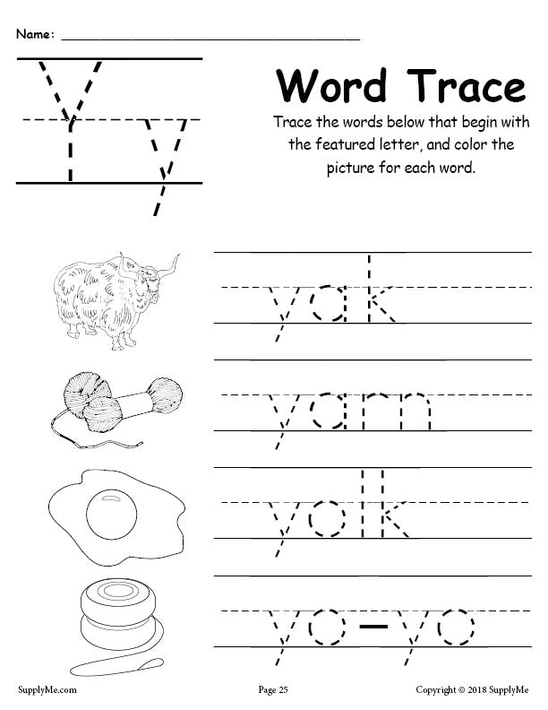 Say and Trace: Letter Y Beginning Sound Words Worksheet (Color ...