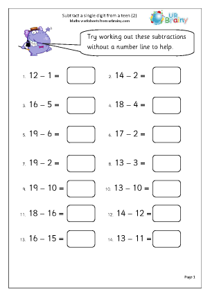year 1 subtraction worksheet with