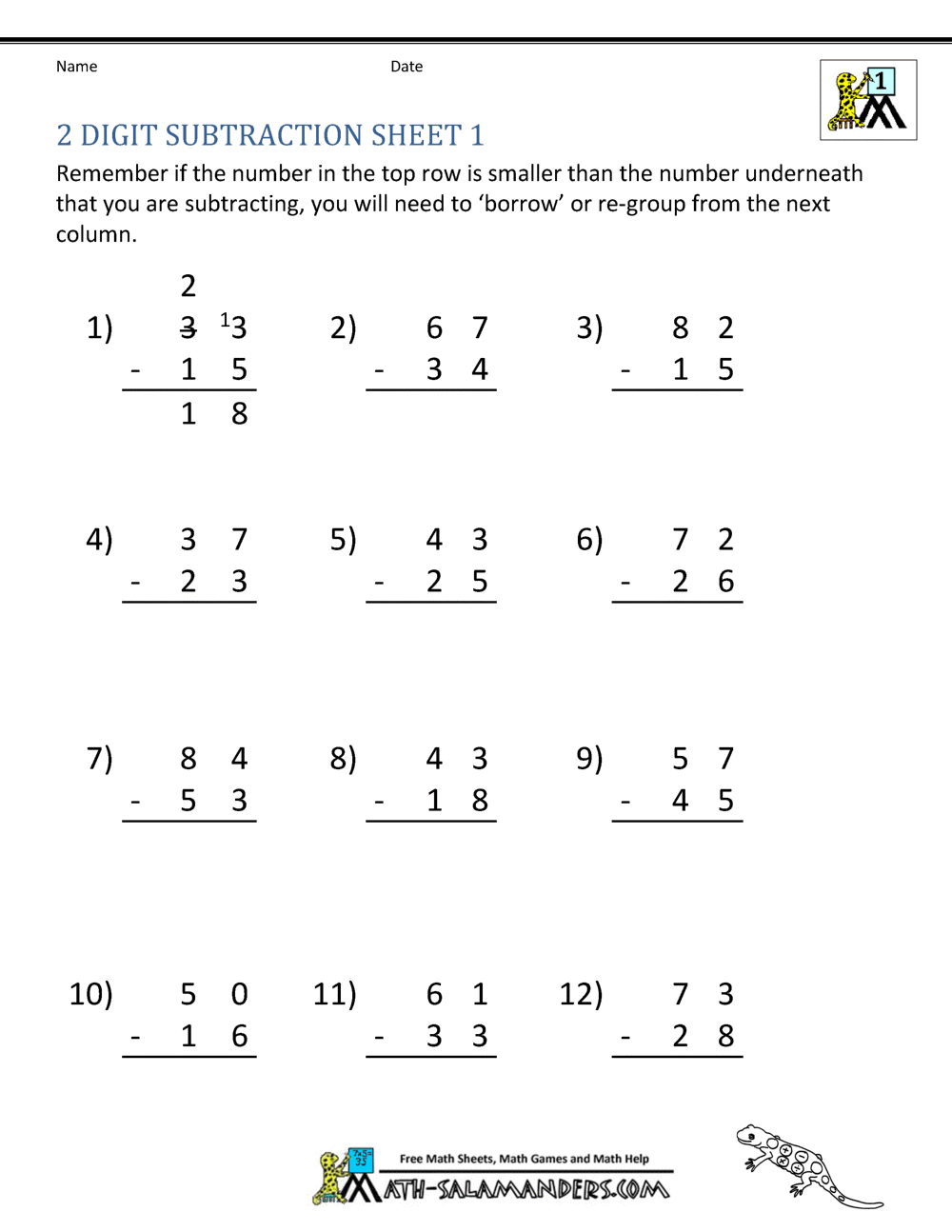 year 2 subtraction worksheet