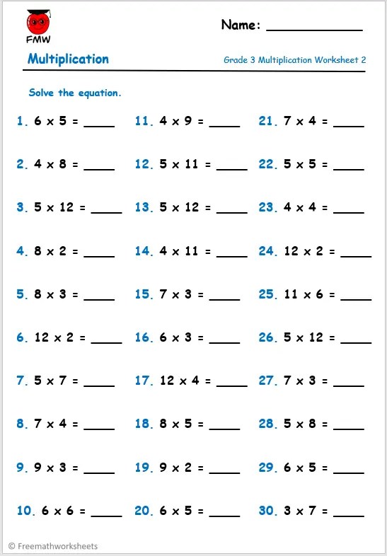year 2 times tables worksheet