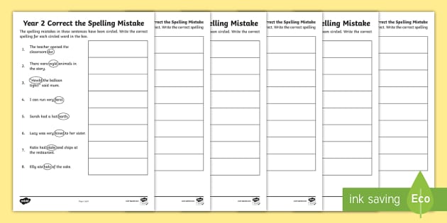 Year 2 Spelling Worksheets - Correct The Spelling Mistakes