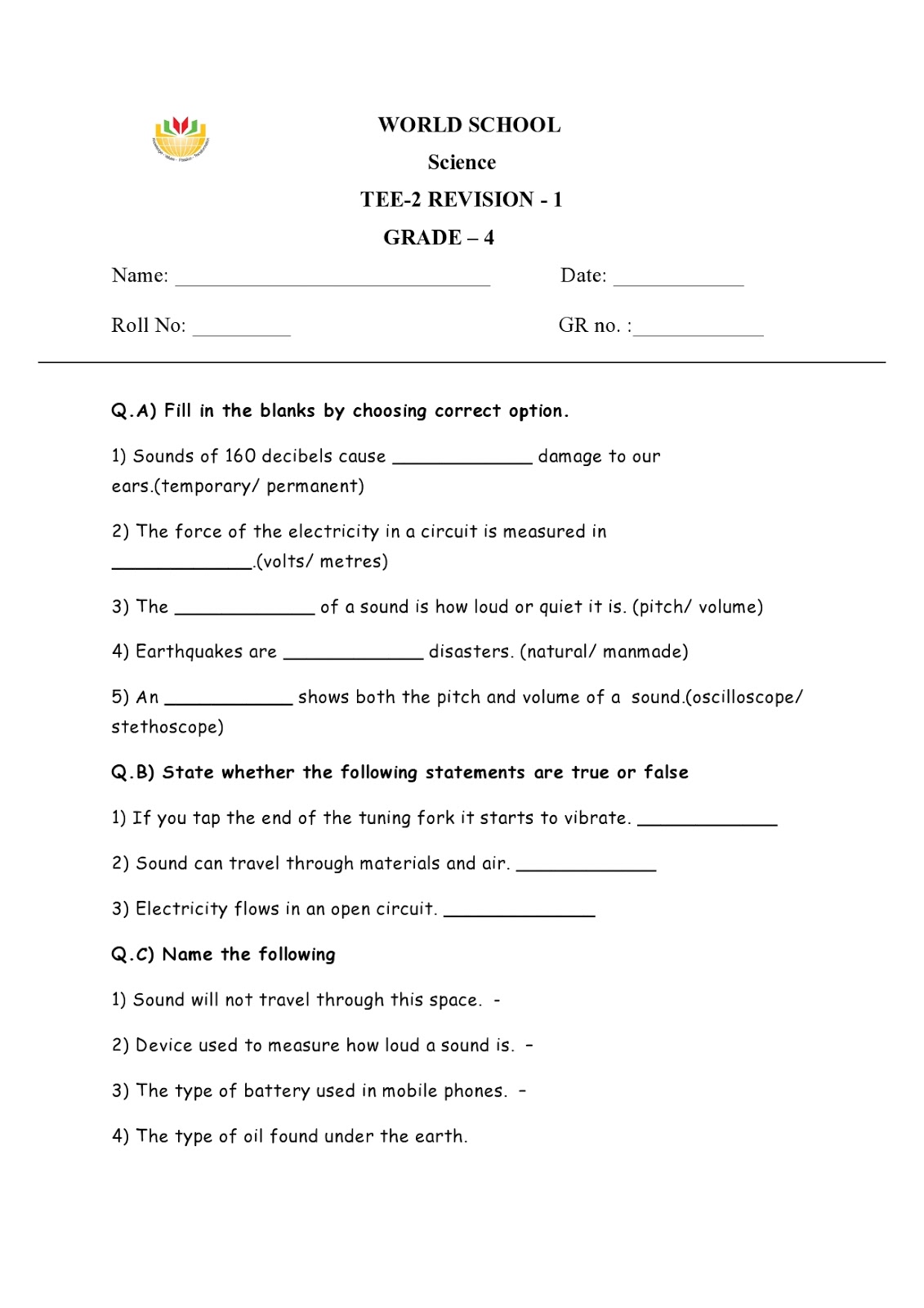 Birla World School Oman: Revision Worksheets for Grade 4 as on 09 ...