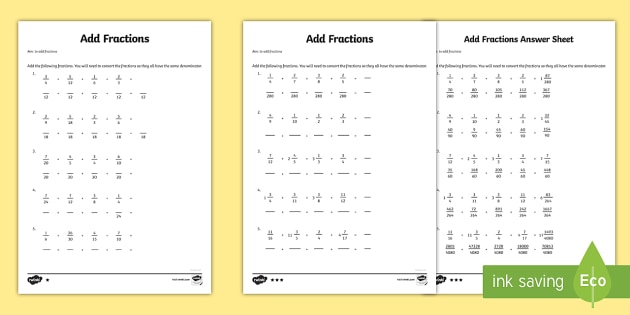 Grade 6 Add Fractions Worksheet / Worksheet 1 (teacher made)