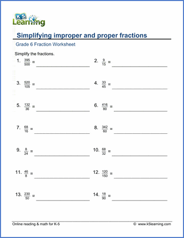 Grade 6 Simplifying and converting fractions worksheets - free ...