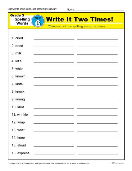 Third Grade Spelling Words List - Week 6 | K12reader