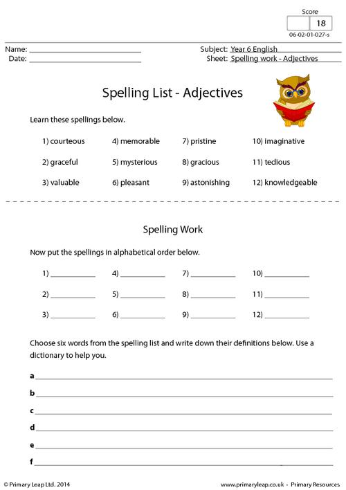 Literacy: Spelling List Adjectives | Worksheet | PrimaryLeap.co.uk