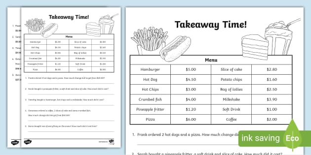 Takeaway Menu Maths Worksheet | Addition and Subtraction