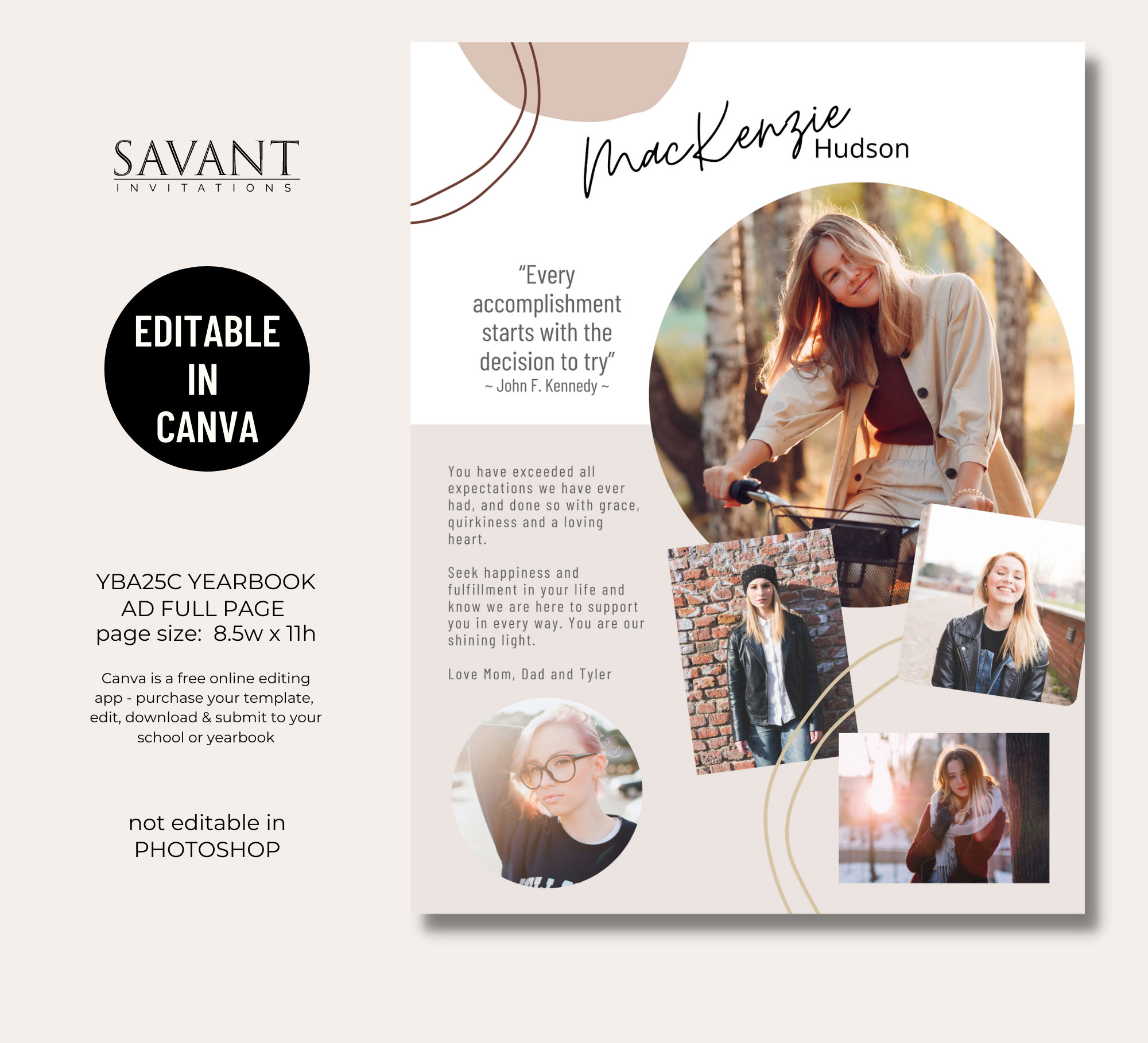 Senior Yearbook Ad, Full Page Graduation Tribute, Modern Printable ...