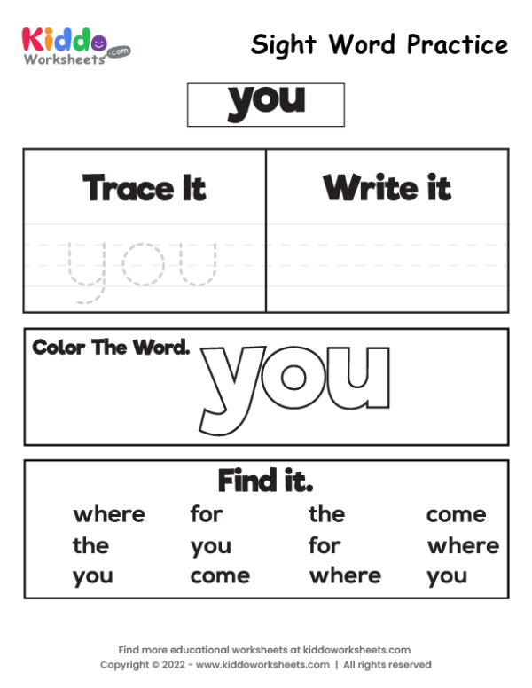 Free Printable Sight Word Practice you Worksheet - kiddoworksheets