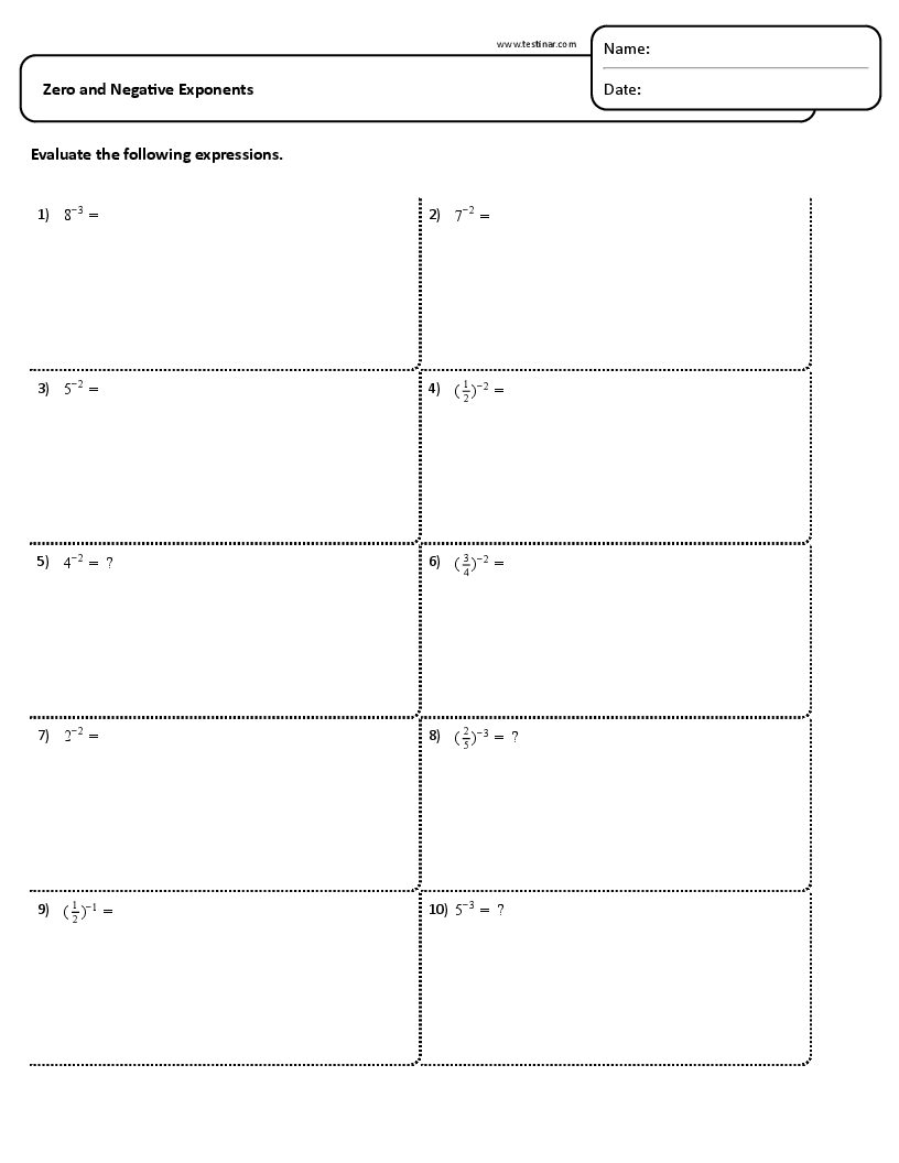 zero exponent worksheet