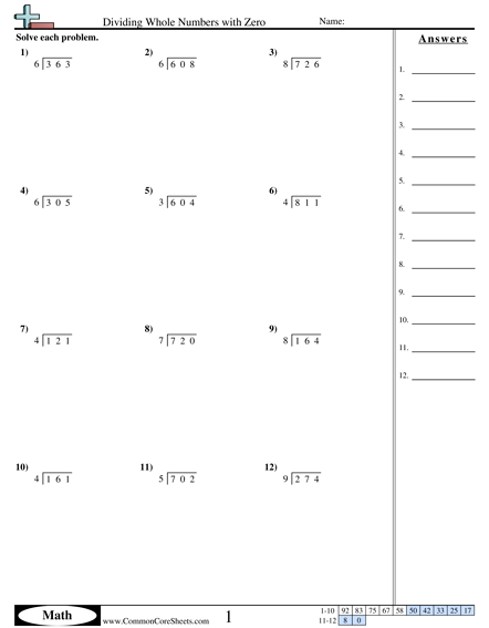 zero in the quotient worksheet