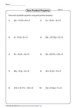 Solving Quadratic Equations by Factoring Worksheets
