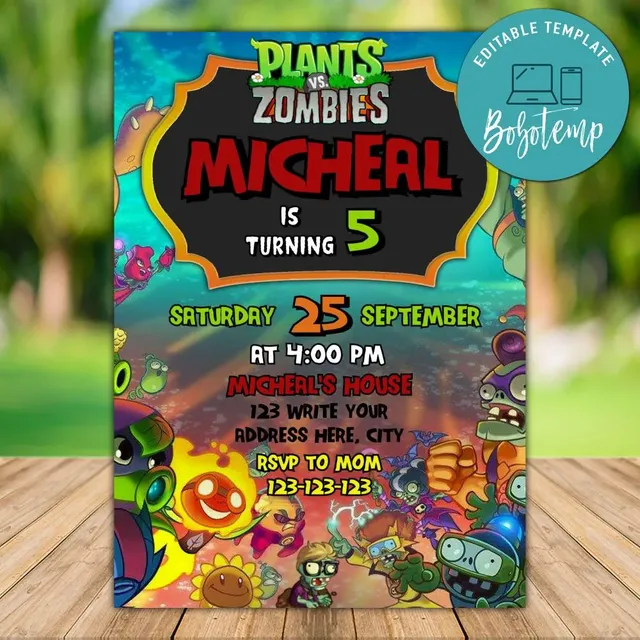 Editable Plants Vs Zombies Party Invitation Digital File | Bobotemp