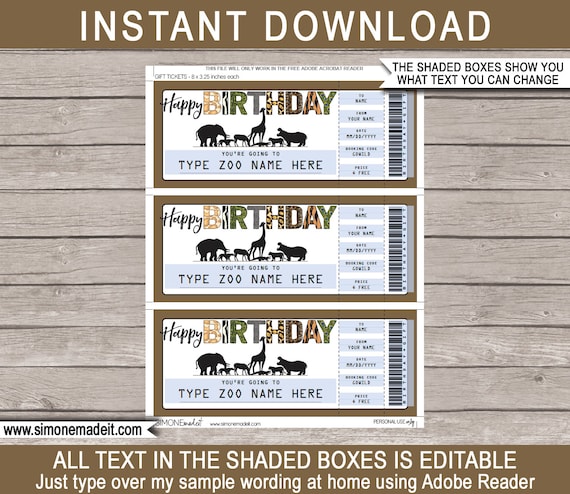 Zoo Ticket Printable Birthday Gift Voucher Surprise Trip to the ...